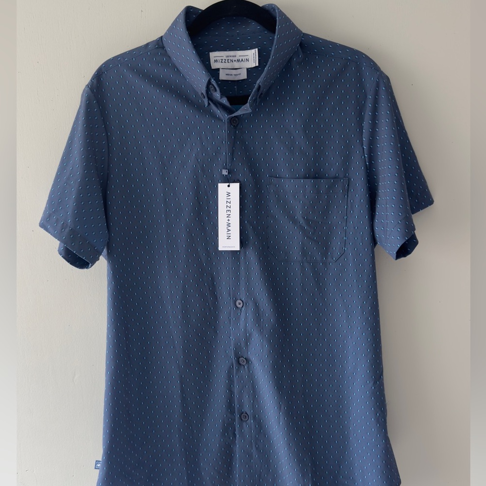 Mizzen+Main Men's size M Trim Fit Blue Geometric Print Short Sleeve Button Shirt